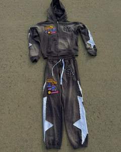 Conjuntos de Sudadera con Cremallera y Pantalones con Pedrería para Hombre y Mujer, Traje Deportivo de Dos Piezas con Efecto Desgastado y Bordado para Invierno - Product Image 2