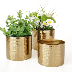 Ensemble de 2 pots à fleurs ronds en métal martelé doré, élégants, pour table, intérieur/extérieur, décoration maison et jardin - Product Image 1