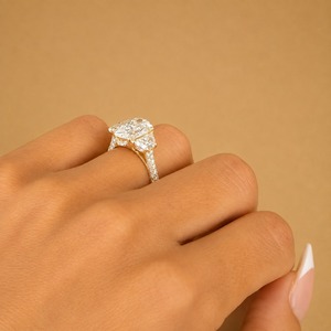3 Carat Oval Lab Grown Diamond Three <b>Stone</b> Engagement Wedding <b>Ring</b> with Half <b>Moon</b> Side Stones Hidden Halo IGI Certified 14K Gold - Product Image 2