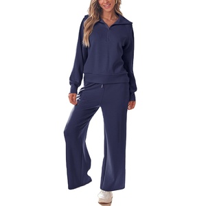 Pantalon de survêtement d'entraînement d'hiver avec logo personnalisé 2025 pour femmes ensemble de sweats à demi-fermeture éclair survêtement à jambes larges avec imprimé en relief costume 2 pièces - Product Image 5