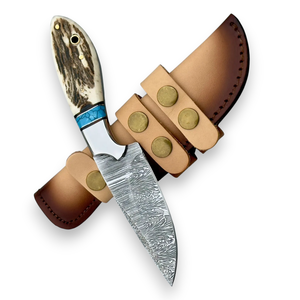 Couteau de chasse et de camping à lame fixe en acier Damas, manche turquoise et bois de cerf, avec étui en cuir, lame pleine longueur, OEM - Product Image 1