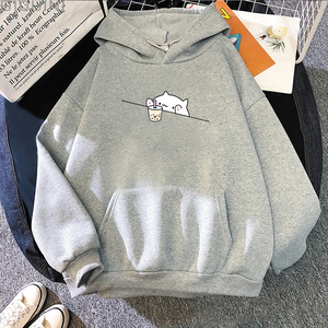 Sudadera con Capucha Casual de Bubble Tea para Hombre, Diseño de Gato Kawaii Boba, Color Sólido, Efecto Lavado - Product Image 3