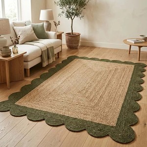 Tapis rectangulaire en jute vert à bordure festonnée, fait main, tissé naturellement, style bohème, pour salon, chambre à coucher, tapis de sol - Product Image 3