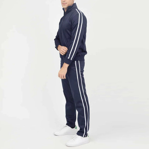 Men's Navy Blue <b>Tracksuit</b> Full Zip Sweatshirt and Pants Set with White Side Stripes Breathable <b>Polyester</b> Sporty Style - Product Image 3