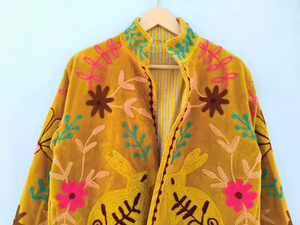 Floral Suzani Embroidered 100% Velvet Bomber Jacket <b>Reversible</b> Boho Vintage Summer Short <b>Coat</b> Free Size Ethnic Wear Wholesale - Product Image 3