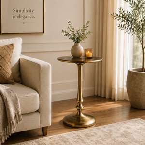 Modern <b>Round</b> Pedestal <b>Side</b> <b>Table</b> with Antique Brass Finish | Elegant Minimalist Accent End <b>Table</b> with Sculpted Column Base Sofa - Product Image 5