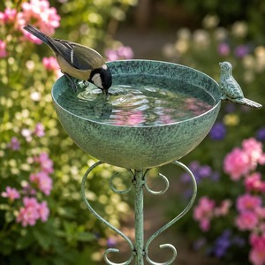 Bain d'oiseaux classique en fer forgé pour jardin, patio, design élégant, base robuste, attirant les oiseaux, avec réservoir d'eau pour l'alimentation des oiseaux. - Product Image 1