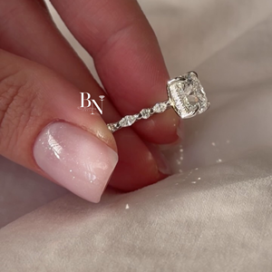 Bague de fiançailles en diamant de laboratoire taille coussin carré 3 carats, halo dissimulé, bande taille marquise, or 14 carats, IGI, pour mariage et anniversaire - Product Image 3