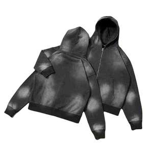 Survêtement homme en coton French Terry 450 g/m² avec sweat à capuche et pantalon évasé, couleur unie, hiver, broderie personnalisée, délavage acide, fermeture éclair, effet vieilli - Product Image 5