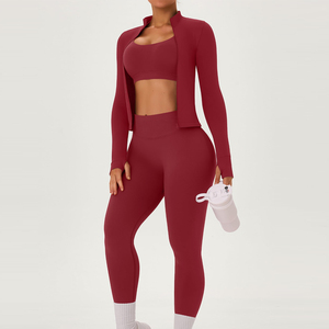Solid Color High Waist <b>Leggings</b> <b>Crop</b> Top Jacket 3 Piece Set Reasonable Price Seamless Fitness Gym Sport 3 Pcs Yoga Set - Product Image 2