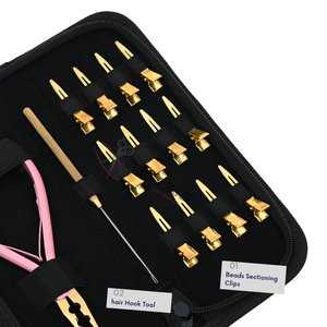 Kit d'outils compact rose et or en acier inoxydable pour extensions capillaires avec pince à sertir et à verrouiller les micro-perles à 2 trous et pinces de coiffage - Product Image 4