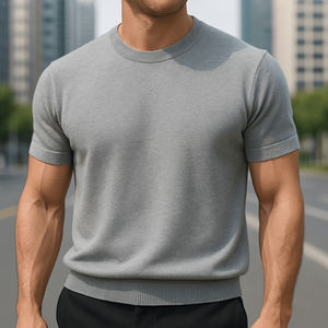 T-shirt tricoté sur mesure de luxe, mélange de viscose et de coton de qualité supérieure, coupe ajustée, col rond, pull tricoté décontracté, couleur unie, tee-shirt d'été pour homme - Product Image 3