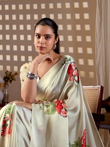Wholesale Elegant Cream Ivory <b>Saree</b> Luxury Soft Satin Silk <b>Red</b> Floral Printed Indian Traditional Wear Women Party Sari Contrast - Product Image 2
