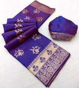 ผ้าส่าหรีงานปาร์ตี้แบบยาวปกติ ผ้าไหมบานาราสี พร้อมลายปักดิ้นทอง ดีไซน์สวยงาม เหมาะสำหรับงานรับปริญญา ผ้าส่าหรีแบบดั้งเดิม - Product Image 5