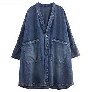 Womens Oversized Denim Cardigan <b>Jacket</b> V Neck Loose Button Wide Sleeve Large Pockets Faded Blue Quick-Drying Breathable - Product Image 1