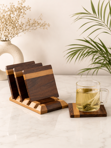 Premium Handmade Wooden <b>Coaster</b> Set of 4 Dual-Tone Walnut & Maple Finish Tea & Coffee Cup <b>Coasters</b> Non-Slip <b>Table</b> Decor - Product Image 1