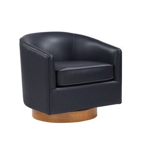Maisy Midnight Blue Faux Leather <b>Barrel</b> Swivel <b>Chair</b> with Wood Base for Living Room - Product Image 1