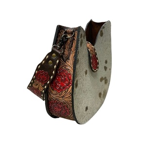 Western Tooled Leather Hair-On Cowhide Crossbody <b>Handbag</b> Floral Hand Carved Shoulder Purse Button Closure Lightweight - Product Image 3