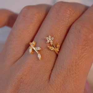 Bague florale en zircon, argent sterling 925, plaqué or 14 carats, fine et ajustable, cadeau pour elle, bijoux - Product Image 3