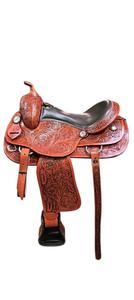 Selle en cuir occidental haut de gamme artisanale avec finition bicolore, siège rembourré en daim noir et motifs floraux complexes gravés à la main - Product Image 3