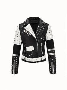 Blouson Moto Femme en Cuir PU Noir et Blanc, Manches Longues, Rivets Décoratifs, Fermeture Éclair, Col Rabattu, Style Automne – Vente en Gros - Product Image 3