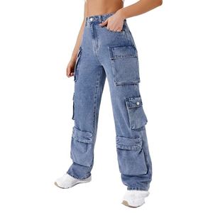 Pantalones Vaqueros Cargo de Cintura Alta para Mujer, de Pierna Ancha, con Múltiples Bolsillos, Cierre de Botones, Estilo Urbano, Personalizables - Product Image 3