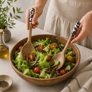 Handcrafted Mango Wood Salad Server Set with Designer Enamel Handles Eco-Friendly Wooden Serving Spoons for Home & Restaurant - Product Image 6