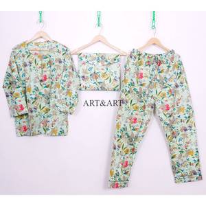 Pijamas de Mujer Elegantes de Alta Calidad, 100% Algodón, Tejido de Punto, Estampado Floral, Manga Tres Cuartos, Cintura Elástica, Largo Completo, para Otoño - Product Image 1