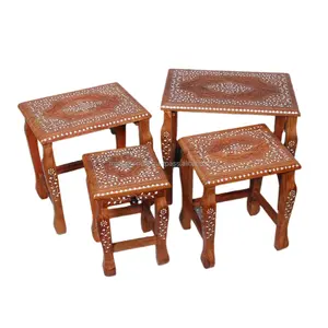 Wood Decor Standard Handicraft Wooden Stool Set of 4 Sheesham Wood with Brass & Carving Work with One Smool Drow