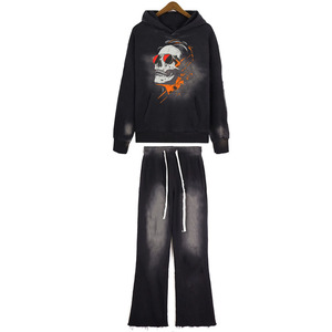 Conjunto de Sudadera con Capucha y Pantalones Deportivos para Hombre, Estampado de Calavera, Algodón French Terry, Estilo Urbano, Ropa de Otoño, Conjunto de Dos Piezas Oversize - Product Image 1