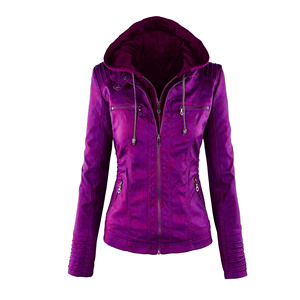 Women's Brown PU <b>Leather</b> Hooded Motorcycle <b>Jacket</b> With Zipper Closure And Detachable Hat Windproof Autumn Wear - Product Image 5