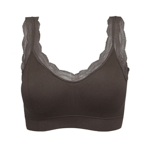 Women's Deep V-<b>Neck</b> Ribbed Sports Bra Lace Trim Racerback Medium Support Yoga Breathable Seamless Solid Color Quick Dry - Product Image 1