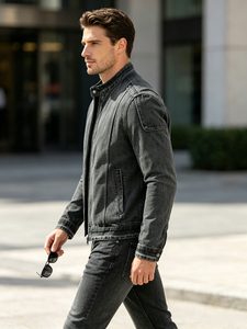 Blouson moto en jean délavé pour homme, coupe droite, fermeture boutonnée, couleur unie, style hiver, tissu tricoté respirant - Product Image 3