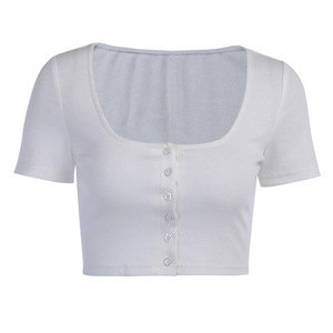<b>Women's</b> Off Shoulder <b>Cropped</b> <b>Top</b> Short Sleeve V-Neck Solid <b>Black</b> Knitted Button Front Slim Fit Sexy Club Wear All - Product Image 3