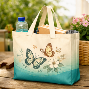 Bolsa de Playa de Lona con Estampado Floral de Mariposas, Gran Capacidad, Asa Superior, Bolsa de Compras Casual para Uso Diario - Product Image 4