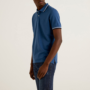 Polo de Manga Corta Azul para Hombre, Algodón Oxford, Estilo Casual, Transpirable, Color Sólido, Corte Regular, Diseño Tejido - Product Image 1