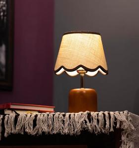 Midcentury Wood <b>Table</b> Lamp With Beige Fabric Bell Shade LED Warm Light Switch Control Bedroom Decorative <b>Small</b> Size - Product Image 1