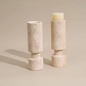 Support de bougie en travertin Wabi-Sabi, fait main, en pierre de grès crème brute, base conique, récipient à bougie couvert - Product Image 2