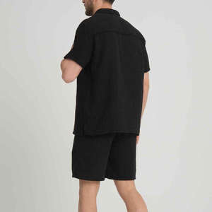 Ensemble polo et short en coton pour homme, 2 pièces, couleur noire, entièrement boutonné, confortable et respirant. - Product Image 2