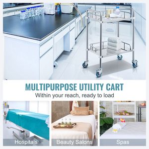 Carrello da Laboratorio a 2 Ripiani in Acciaio Inossidabile con Ruote Girevoli per Cliniche e Studi Dentistici - Product Image 2