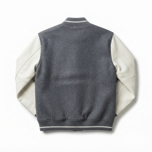 Chaqueta Varsity de Materiales Mixtos, Diseño Bomber de Alta Calidad con Lana Original y Tela de PU, Cuello Acanalado, Cierre Frontal con Broches, Estilo Casual Unisex - Product Image 2