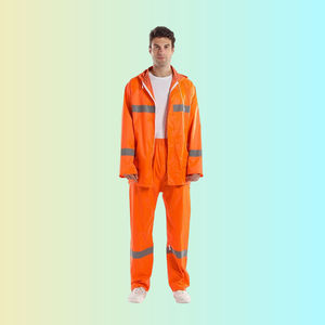 Ensemble de vêtements de pluie en PU pour hommes avec bandes réfléchissantes, veste à capuche et pantalon, vêtements de travail pour adultes, uniforme de sécurité haute visibilité - Product Image 5