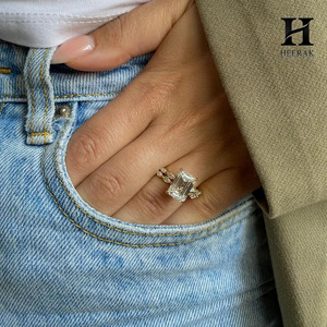 Luxury Emerald Cut Lab Grown Diamond Ring 14K Yellow Gold Marquise Diamond Twisted Vine Band Hidden Halo Solitaire Ring - Product Image 4