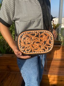 2024 femmes mode peau de vache outil à la main en cuir véritable sac à bandoulière petit Western Floral Logo fermeture éclair Ins vente chaude Nylon - Product Image 3