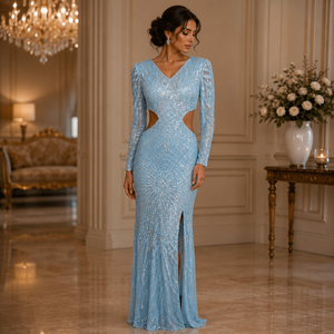 Women Sky Blue <b>Sequin</b> Cutout Maxi Dress V Neck Long Sleeve Bodycon Evening Gown Front Slit Sparkle Wedding Prom Formal Party - Product Image 2