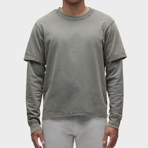 T-shirt vierge personnalisable pour sérigraphie, en coton vintage 240 grammes, déchiré, à double couche, avec manches longues gaufrées, effet vieilli, pour homme - Product Image 1