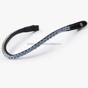 Banda de cejas de caballo de cuero inglés marrón negro con forma de onda profunda hecha a mano decorada con cristales de zafiro redondos grandes banda de cejas ostentosa - Product Image 1