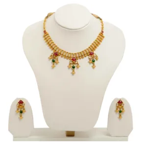 Lightweight Gold Tone <b>Set</b> Ethnic Indian Wedding Wear Traditional <b>Necklace</b> <b>Set</b> With Red Green Stones <b>Pearl</b> Drop Gold Plate - Product Image 3