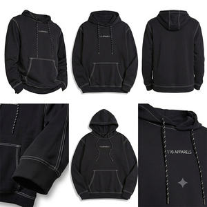 Custom Logo OEM Men Black <b>Hoodie</b> Embroidered Washed Contrast <b>Stitching</b> Fleece Pullover Streetwear Heavyweight <b>Oversized</b> Supplier - Product Image 5
