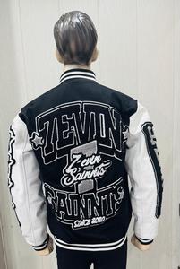 Shuja Sports Team Saints Varsity <b>Jacket</b> <b>Black</b> White Embroidered Letterman Style Unisex Preppy College 100% Wool Windproof Front - Product Image 3